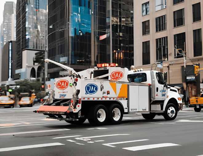 A tow truck, adorned with company logos, waits by a bustling city intersection for its next call.