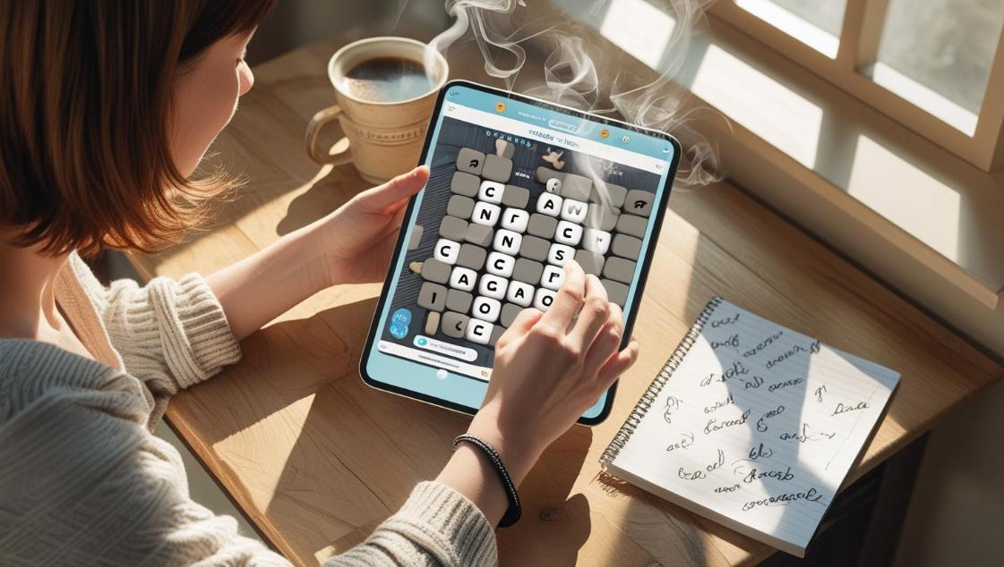 Person playing word puzzle game on tablet with coffee and sunlight nearby.