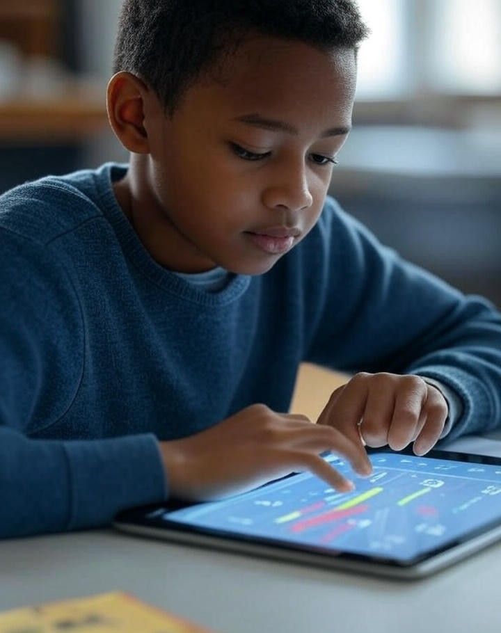 young student learning math on tablet