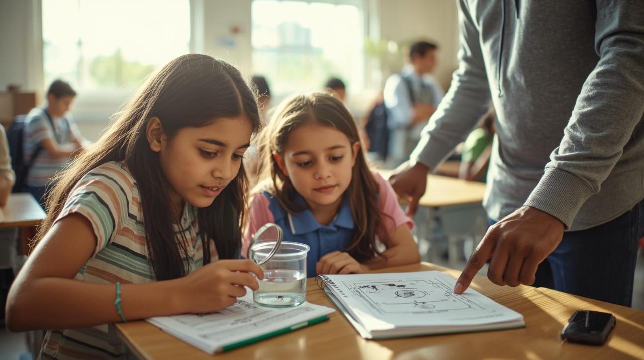 Student observing insect specimen in classroom learning about urban ecosystems and science.