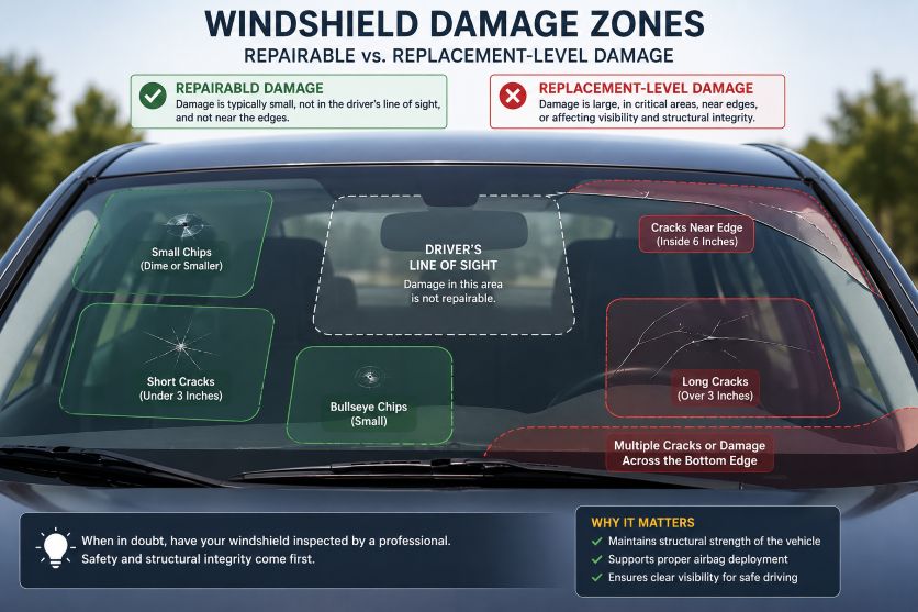 windshield damage zones