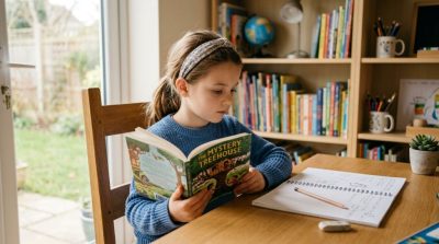 A primary school-aged child reading an age-appropriate book at a quiet study desk, notebook and pencil nearby on a  cozy educational environment